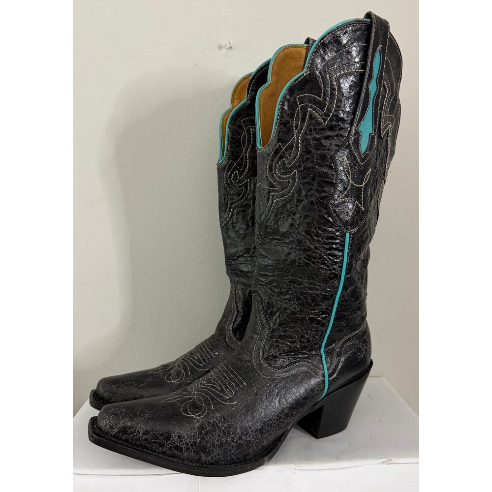 J.B. Dillon Womens Distressed Crackled Black and Turquoise Western Boots Sz 8.5B